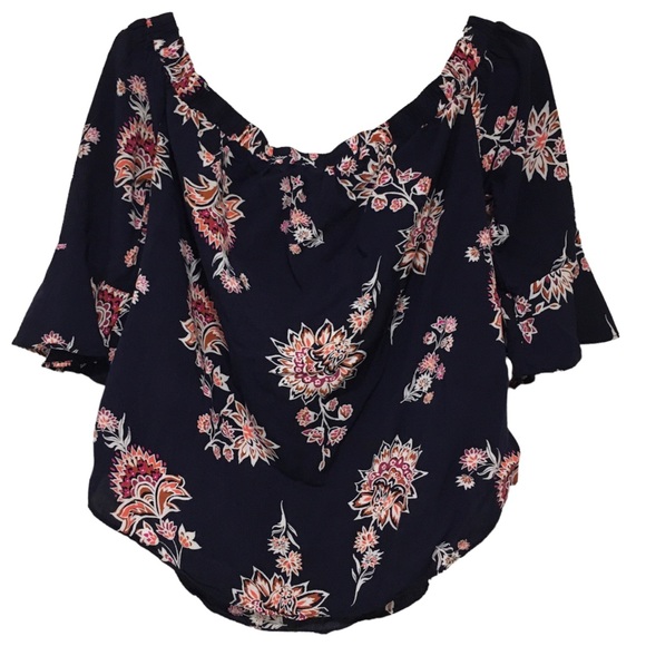 OLD NAVY Floral Blouse Flutter Bell Sleeve Off The Shoulder Navy Blue Small - Picture 7 of 7